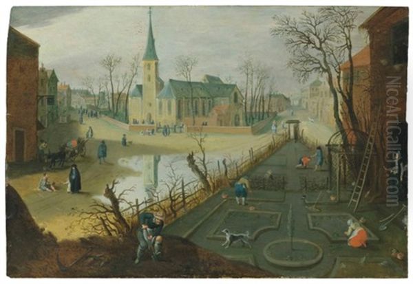 The Month Of February: A Village With Peasants Tending To Their Land, A Church Beyond Oil Painting by Abel Grimmer