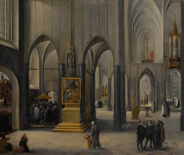 Church Interior With A Baptism And Figures Conversing, With A View Of The Town, Left Oil Painting by Abel Grimmer