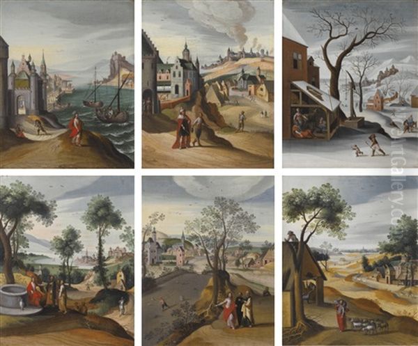 Series Of Six Landscapes Representing Months Of The Year, With Scenes From The Infancy Of Christ And Parables From The Gospels Oil Painting by Abel Grimmer