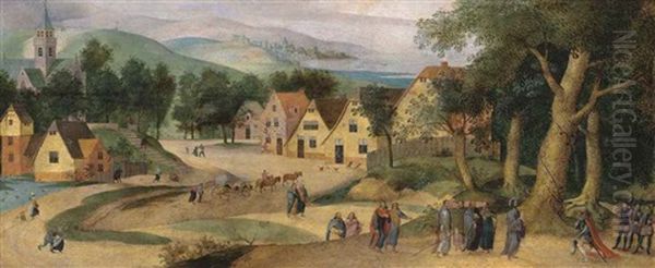 A Village Landscape With Christ And The Centurion Oil Painting by Abel Grimmer