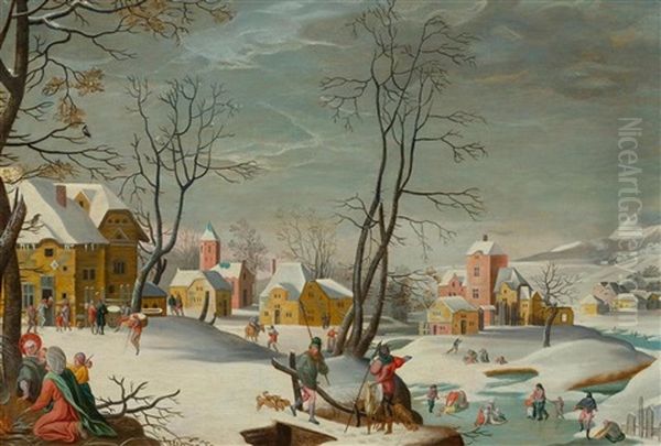 A Winter Landscape Of A Village Oil Painting by Abel Grimmer