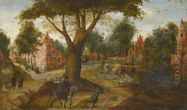 A Couple On Horseback And A Hunter With His Dog Travelling Along A Sandy Path Beneath A Large Tree, A Riverside Town And Other Figures In The Distance by Abel Grimmer