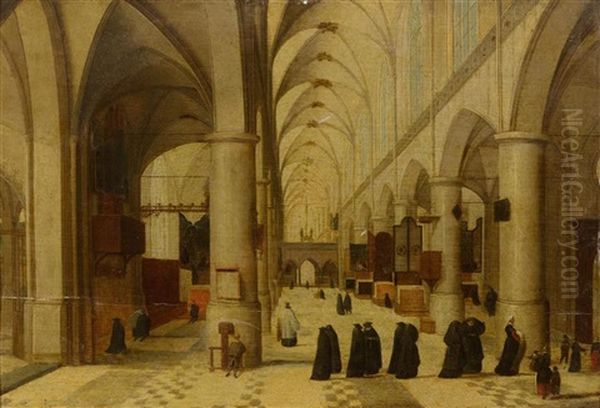 View Inside A Church With Visitors Oil Painting by Abel Grimmer