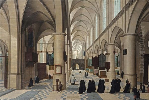 The Interior Of A Gothic Church With Figures Walking Through The Isle, Probably A Christening Procession, Other Figures Praying In The Background Oil Painting by Abel Grimmer