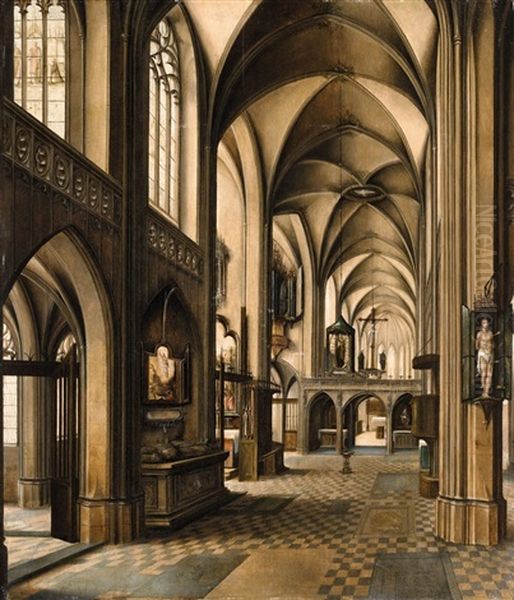 A Church Interior Oil Painting by Abel Grimmer