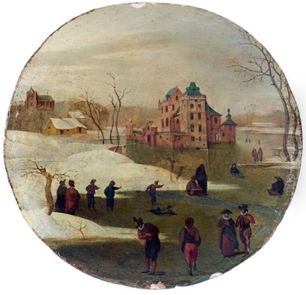 Patineurs Sur Un Lac Gele Pres D'un Chateau, L'hiver, Fevrier Oil Painting by Abel Grimmer