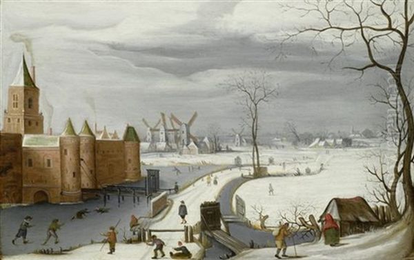 Winterlandschaft Mit Schlittschuhlaufern Auf Einem Zugefrorenen Burggraben Vor Einem Schloss Oil Painting by Abel Grimmer