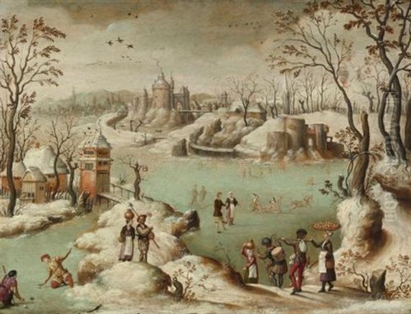 A Winter Townscape With Figures Oil Painting by Abel Grimmer