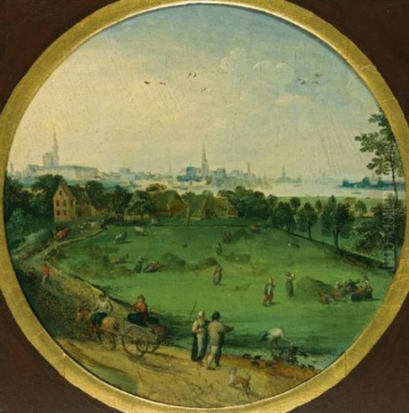 A Summer Landscape With Peasants Harvesting With A View Of Antwerp Beyond (+ A Winter Landscape With Peasants On A Path; Pair) Oil Painting by Abel Grimmer