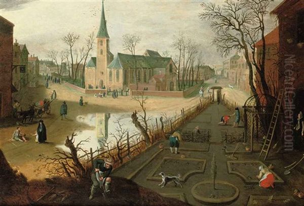 The Month Of February; A Village With Peasants Working The Land And Figures Outside A Church Oil Painting by Abel Grimmer