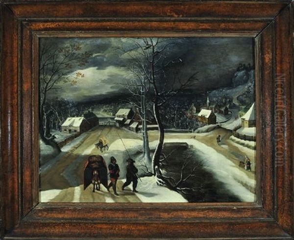 Zwei Landsknechte Mit Lastpferden Schreiten Durch Ein Dorf In Einer Winternacht Oil Painting by Abel Grimmer