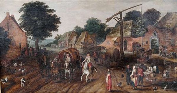 Reges Treiben Mit Landleuten, Reitern Und Kutschen Auf Der Hauptstrase Eines Dorfchens Oil Painting by Abel Grimmer