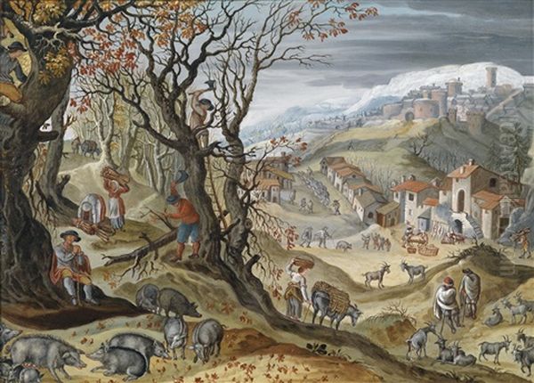 Herbst, Weite Hugellandschaft Mit Einem Schweinehirten Und Holzfallern Oil Painting by Abel Grimmer