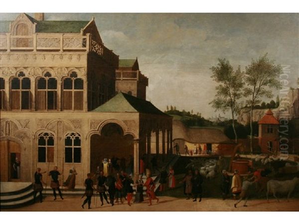 A Wedding And Figures Merrymaking In The Grounds Of A Manor House, With An Extensive Landscape Beyond Oil Painting by Abel Grimmer