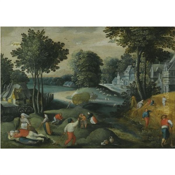 An Allegory Of Summer With Two Signs Of The Zodiac: A Village Landscape In Summer With Peasants Harvesting Oil Painting by Abel Grimmer