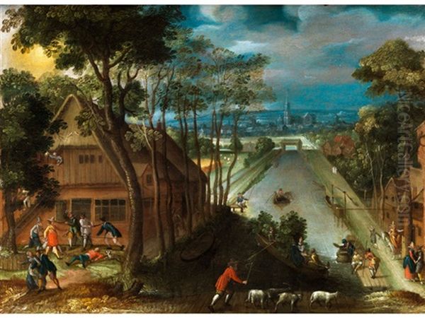 Landschafts- Und Genrebild Mit Einem Renaissance-fischzuchtbecken, Wirtschaftsgebauden Und Bewegten Szenerien Oil Painting by Abel Grimmer