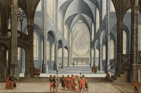 Interieur D' Eglise Avec Le Christ Et Les Pharisiens Oil Painting by Abel Grimmer