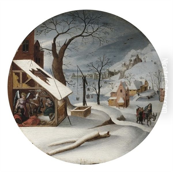 January: A Winter Landscape With The Dream Of Joseph And The Flight Into Egypt Oil Painting by Abel Grimmer