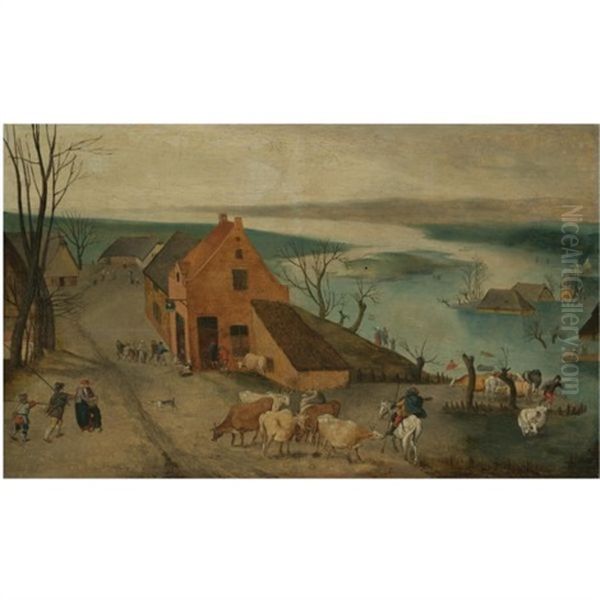 Landscape With A Flood And Peasants Rescuing Cattle - An Allegory Of Autumn Oil Painting by Abel Grimmer