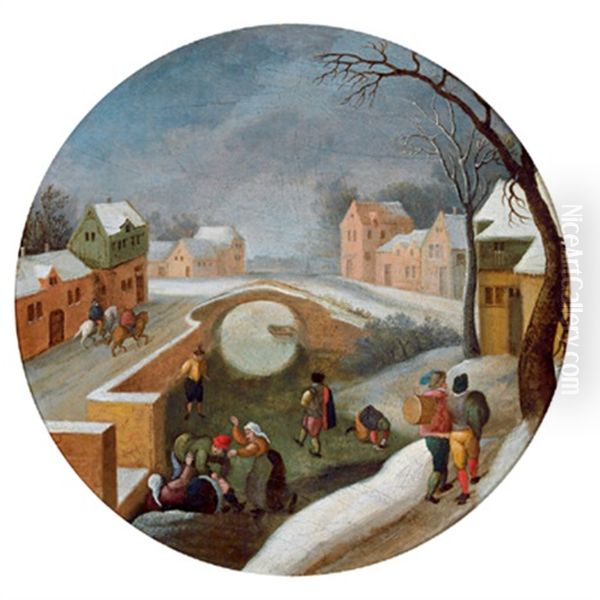 Winterlandschaft Mit Einer Steinbrucke Und Figuren Oil Painting by Abel Grimmer