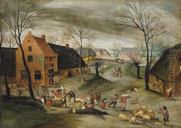 La Fete Du Cochon, A Wooded Winter Village Landscape With Peasants Slaughtering Pigs Oil Painting by Abel Grimmer