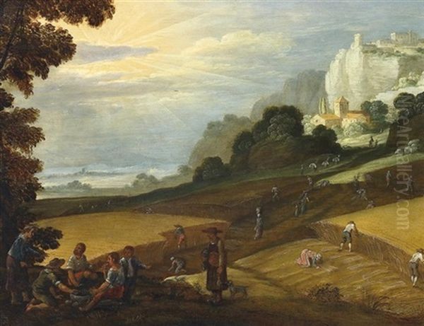 Getreideernte Vor Sudlicher Landschaft. Im Hintergrund Ein Auf Einem Felsen Gelegenes Dorf Oil Painting by Abel Grimmer