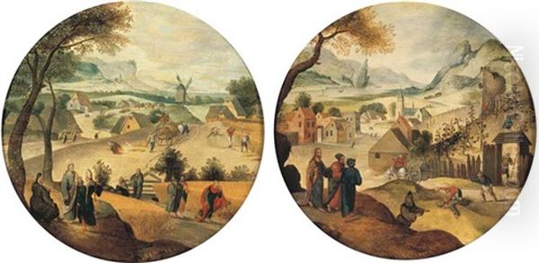 August: An Extensive Landscape With Jesus Telling The Parable Of The Corn-pickers (+ October: An Extensive Landscape With Jesus Telling The Parable Of The Grape Harvesters; 2 Works) Oil Painting by Abel Grimmer