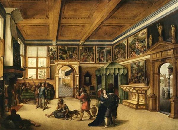 Interieur Eines Stadtischen Palastes Mit Merkur Und Minerva Beim Betrachten Einer Allegorie Der Caritas Oil Painting by Abel Grimmer