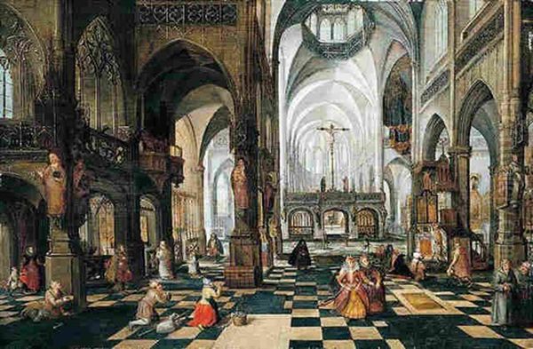 A Church Interior With Figures Oil Painting by Abel Grimmer