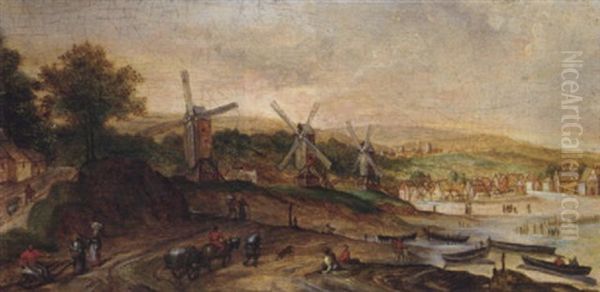 A Coastal Landscape With Travellers And Wagons On A Path, Windmills And A Town Beyond Oil Painting by Abel Grimmer