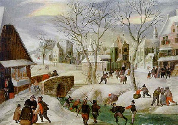 A Town In Winter With Peasants Skating On A Frozen River Oil Painting by Abel Grimmer