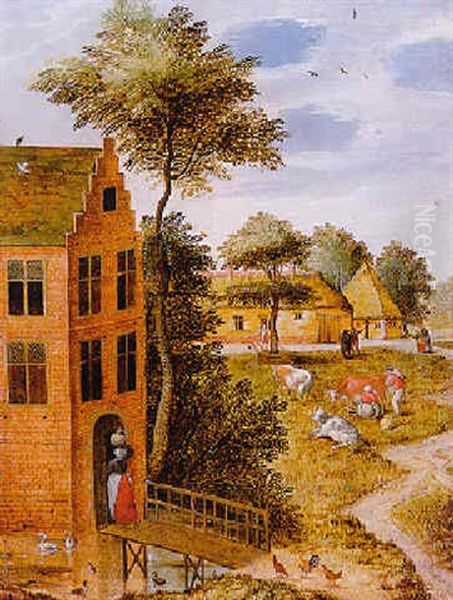 A Village Landscape With A Milkmaid Before A Moated House Oil Painting by Abel Grimmer