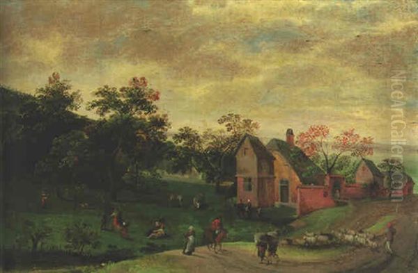 A Landscape With A Village, A Herdsman On A Track And Peasants Merrymaking In A Field by Abel Grimmer