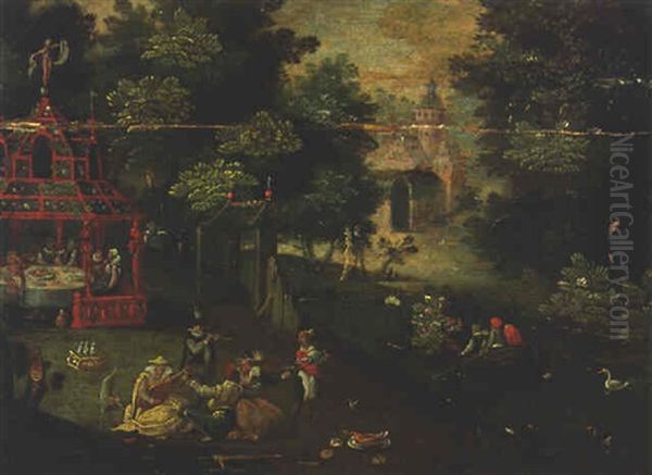 An Elegant Company In A Pavilion And A Garden By A Lake, A Castle Beyond Oil Painting by Abel Grimmer