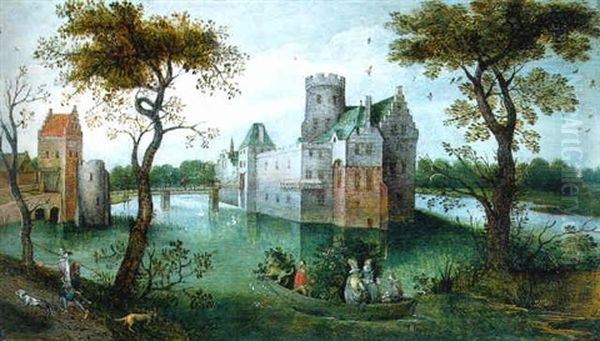 A Moated Castle With Elegant Figures In A Boat And A Huntsman And His Dogs On A Path In The Foreground Oil Painting by Abel Grimmer