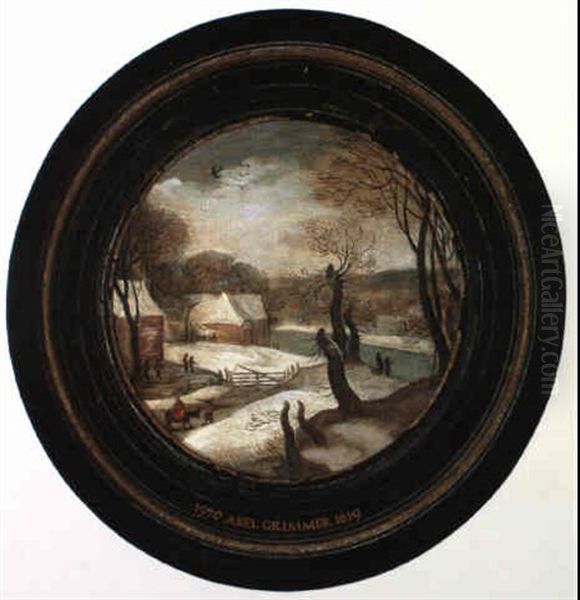 Winter River Landscape With The Flight Into Egypt Oil Painting by Abel Grimmer