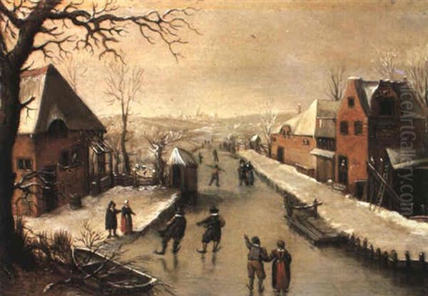 Winter Landscape With Villagers On A Frozen Canal Oil Painting by Abel Grimmer