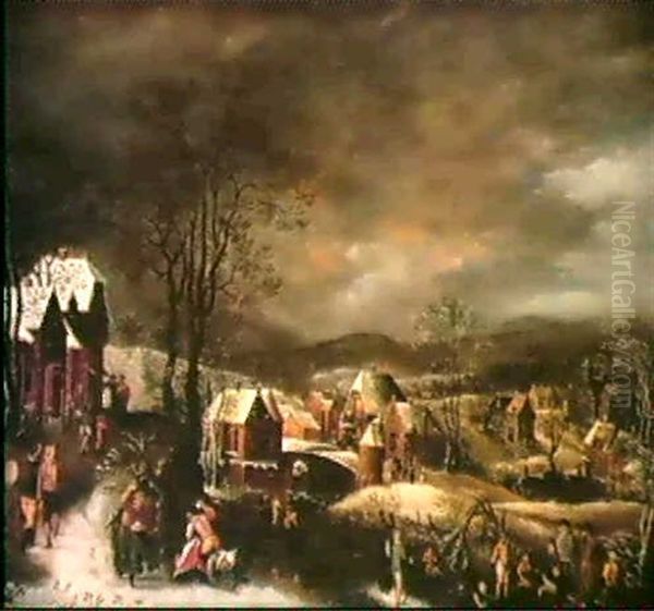 Un Village Flamand Sous La Neige Oil Painting by Abel Grimmer