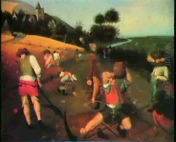 Summer: Peasants Harvesting Wheat In A Landscape Oil Painting by Abel Grimmer