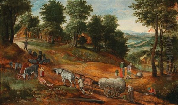 A Wooded Landscape With Peasants On A Path Oil Painting by Jacob Grimmer