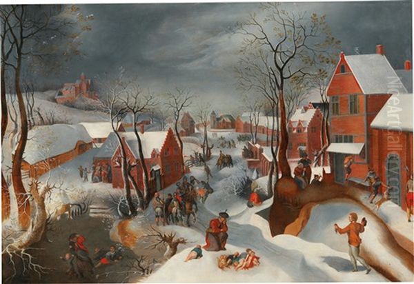 A Winter Landscape With The Massacre Of The Innocents (and Attributed To Gillis Mostaert) Oil Painting by Jacob Grimmer