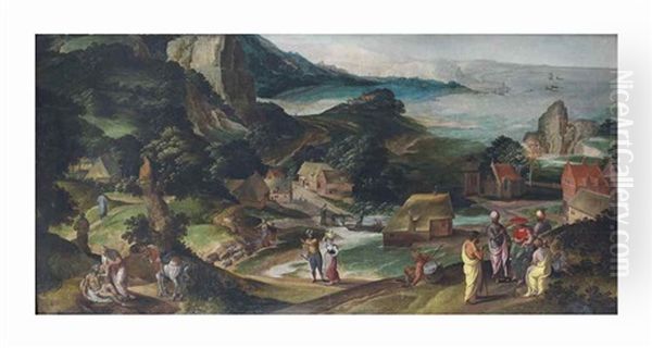 A Panoramic Landscape With The Parable Of The Good Samaritan Oil Painting by Jacob Grimmer