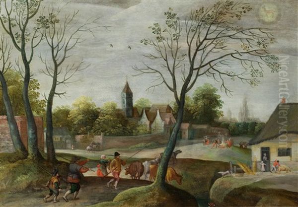 Autumn Landscape With Cattle Being Driven Home, With Antwerp Cathedral On The Horizon And (presumably) The Sign Of Sagittarius Oil Painting by Jacob Grimmer