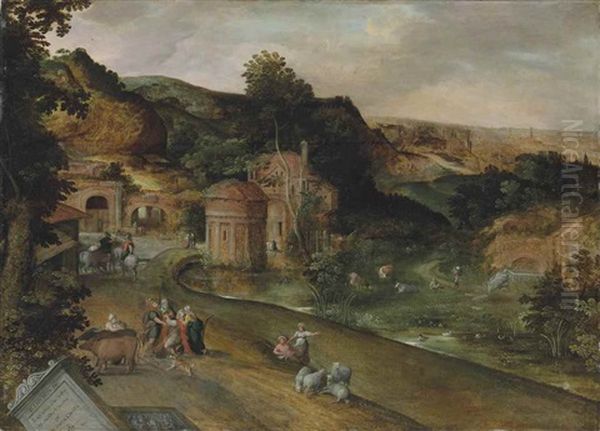 An Extensive Italianate Landscape With The Calling Of Cincinnatus From The Plough, A View Of Rome Beyond Oil Painting by Jacob Grimmer