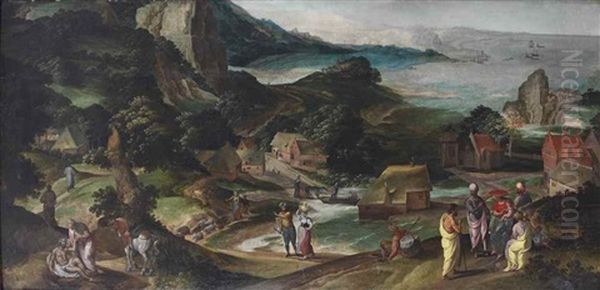 A Panoramic Landscape With The Parable Of The Good Samaritan Oil Painting by Jacob Grimmer