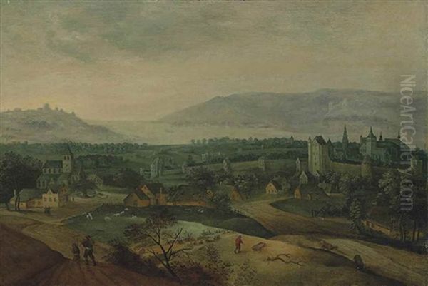 A Wooded Landscape With Farmers And Their Livestock Before A Church And A Fortified Town, A Lake In The Distance Oil Painting by Jacob Grimmer