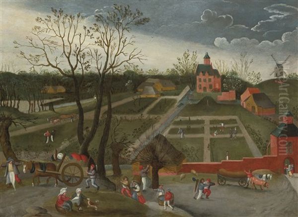 Landscape With Peasants Walking Along A Road With Horse-drawn Carts And Others Planting In The Garden Of A Large Manor House Oil Painting by Jacob Grimmer