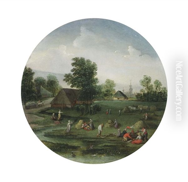 An Allegory Of Summer; A Summer Landscape With Figures Haying, A Village Beyond Oil Painting by Jacob Grimmer