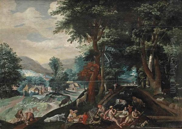 A Wooded Landscape With Mythological Figures Eating And Drinking Oil Painting by Jacob Grimmer