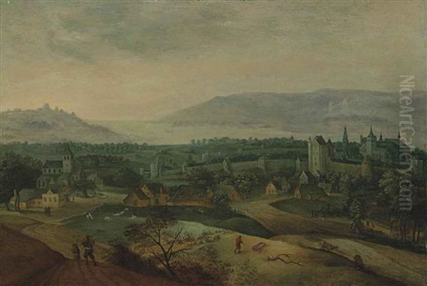 A Wooded Landscape With Farmers And Their Livestock Before A Church And A Fortified Town, A Lake In The Distance Oil Painting by Jacob Grimmer